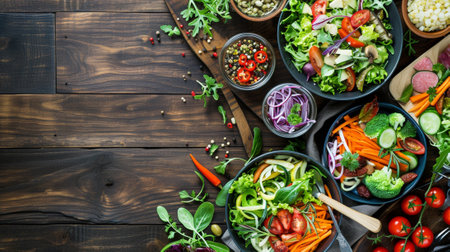 Assortment of fresh vegetable salads flat lay. Top viewの素材