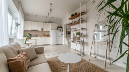 Modern interior design spacious bright studio apartment in Scandinavian style and warm pastelの素材
