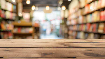 empty table top and blur of book store backgroundの素材