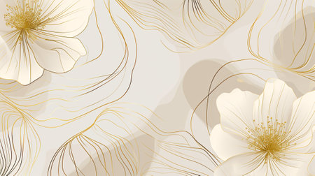 Luxury minimal style wallpaper with golden line art flower and botanical leaves, Organic shapesの素材