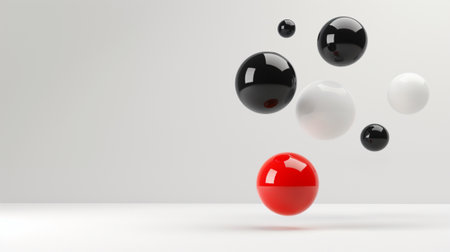 white, red and black Floating spheres empty space for product show on white backgroundの素材