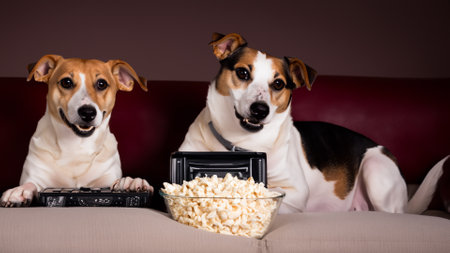 dog watching a movie in a cinemaの素材