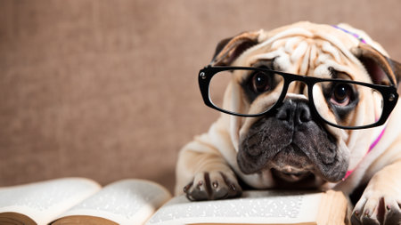 Bulldog in glasses and bookの素材