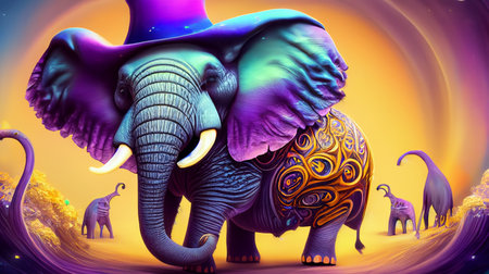 Fantasy surrealistic background with an elephant with a hatの素材