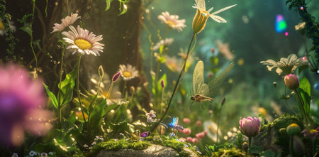 A fantastical garden teems with talking flowers, fairies, and enchanting mysteriesの素材