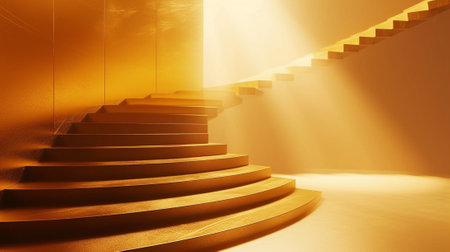 Abstract golden light rays scene with stairsの素材