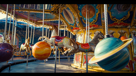 A space themed carnival with planets as carouselsの素材