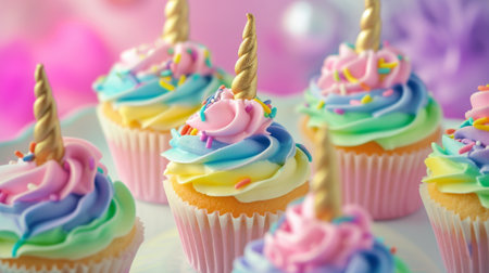These colorful delights are adorned with edible unicorn horns and rainbow frostingの素材