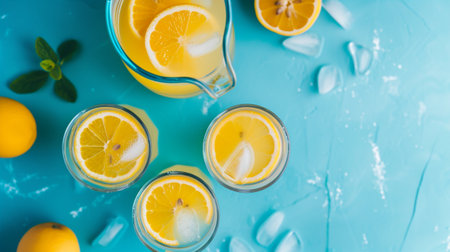 Two glasses and a pitcher on a blue backgroundの素材