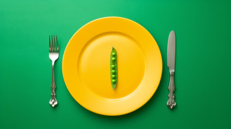 Yellow plate with only a green pea with fork and knife on each side green backgroundの素材