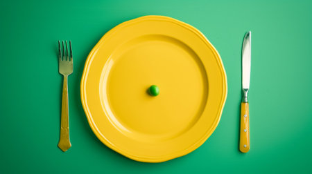 Yellow plate with only a green pea with fork and knife on each side green backgroundの素材