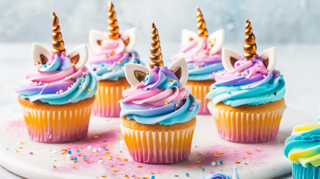 These colorful delights are adorned with edible unicorn horns and rainbow frostingの素材