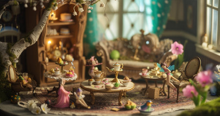 A fairy tea party scene with tiny tables, teacups, and desserts. Fairies and magicalの素材