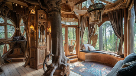 A luxurious tree house within the heart of a magical forest. The interiors feature elegant woodenの素材