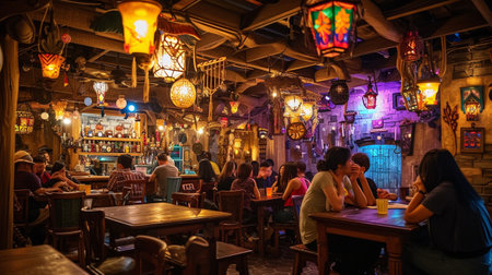 A lively tavern with whimsical creatures, magical brews, and floating candlesの素材