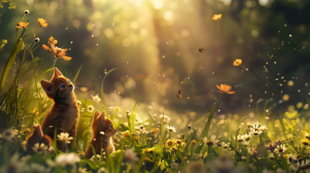 Adorable Furry Friends Frolicking in Sunlit Meadowsの素材