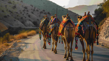 Camels with traditional dresses, waiting beside roadの素材