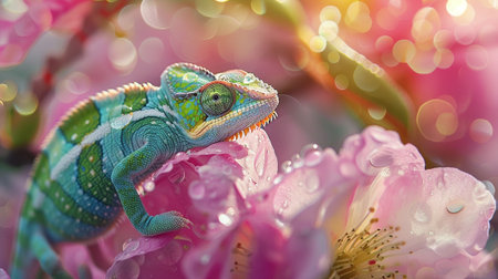 Cute Chameleon on the flower. Beautiful extreme close upの素材