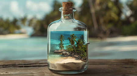 corked glass bottle with beautiful island and sea insideの素材