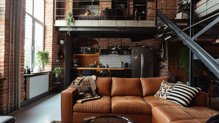 Exposed brick, metal accents and industrial raw materials trendy and urban inspiredの素材