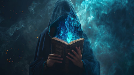 Fantasy no face witch magician in hood holds in hands magic book, bright blue light spellsの素材