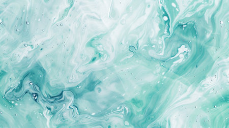 Pastel cyan mint liquid marble watercolor background with white lines and brush stainsの素材