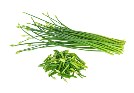 Fresh chives flower or Chinese Chive isolated on white backgroundの写真素材
