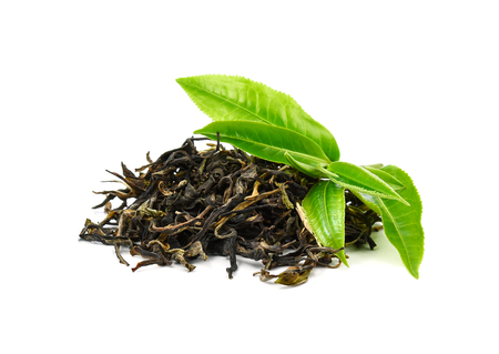 Green tea leaf isolated on white backgroundの写真素材