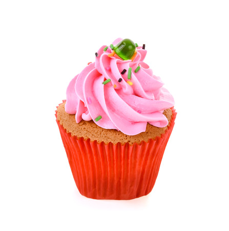 Pink cupcake isolated on white backgroundの写真素材