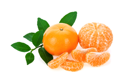 Tangerine orange with leaves on a white backgroundの写真素材