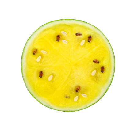 A half of fresh yellow watermelon isolated on white backgroundの写真素材