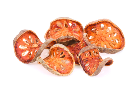Dry bael fruit isolated on white backgroundの写真素材