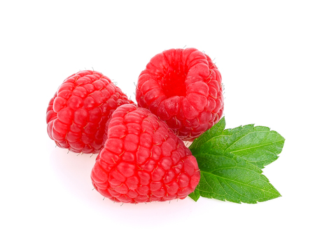 Raspberry with leaves isolated on white backgroundの写真素材