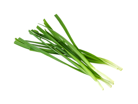 Garlic chives on white backgroundの写真素材