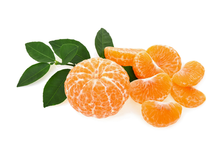 orange fruit with leaves on white backgroundの写真素材