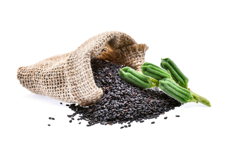 Black Sesame Seeds isolated on white backgroundの写真素材