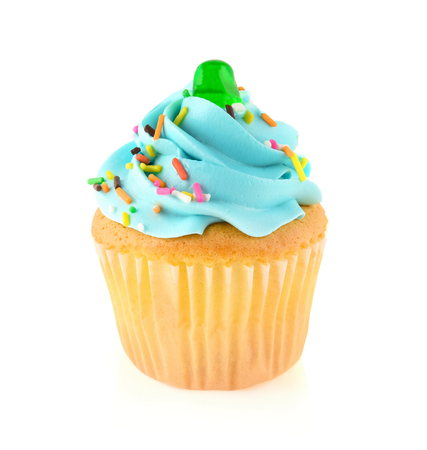 Blue cupcake isolated on white backgroundの写真素材