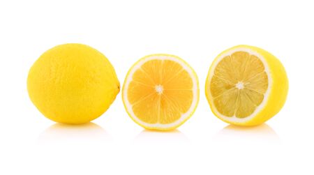 lemon fruit with leaf isolated on white backgroundの写真素材