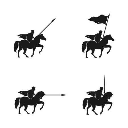 Horseback Knight Silhouette logo, Horse Warrior Paladin Medieval logo design illustration setのイラスト素材