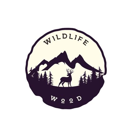 mountain, wildlife, wood with deer silhouette. Adventure / backpacker logo templatesのイラスト素材