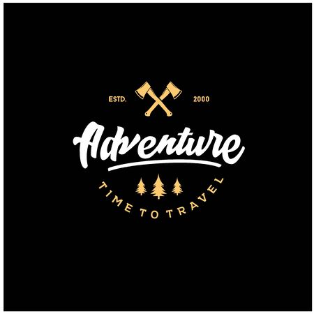Adventure lettering logos with gold illustrations. Vintage logotype with Crossed Axes Vector for log design tamplateのイラスト素材