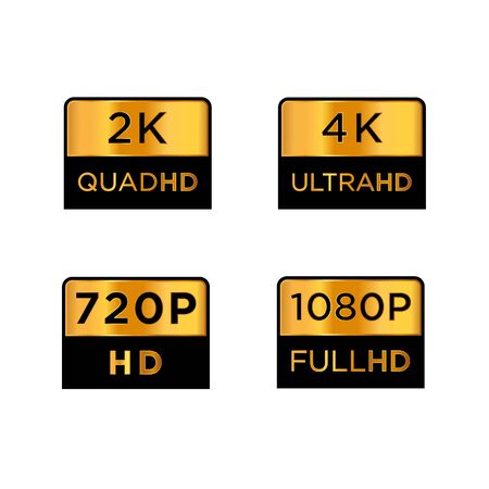Golden 2k quad hd, 4k ultra hd, 720 hd, and 1080p full hd Video Resolution Icon Logo; High Definition TV / Game Screen monitor display Labelのイラスト素材
