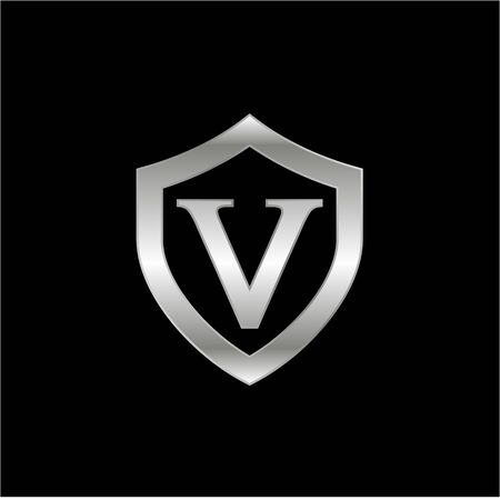 Initial v with shield metal metallic silver logo on a dark backgroundのイラスト素材
