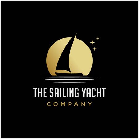 Golden Sunset with Silhouette of Sailing yacht logo designのイラスト素材