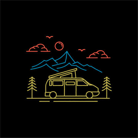 Line art Camper van logo, emblems and badges. camping tent and forest silhouette. Recreational vehicle illustrationのイラスト素材