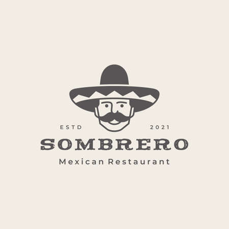 Mexican man with Hat Sombrero, Mexican food, Mexican cuisine restaurant Vintage Label Logo Designのイラスト素材