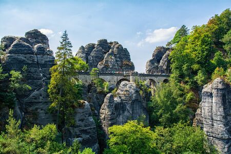 The Bastei bridge in Lohmen in the Elbe Sandstone Mountains, Saxon Switzerlandの写真素材