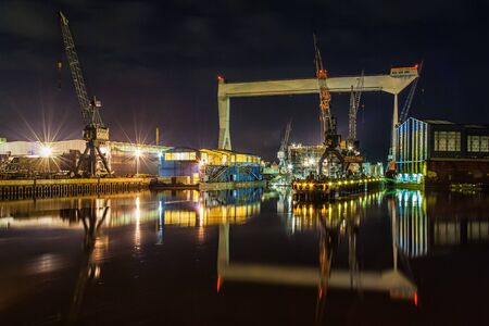 A shipyard in Hamburg at night