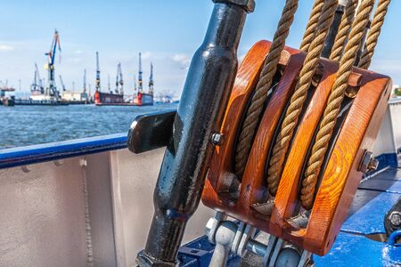 Block on a sailing ship in the port of Hamburgの写真素材