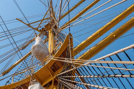 The rigging on the mast of a sailing shipの写真素材